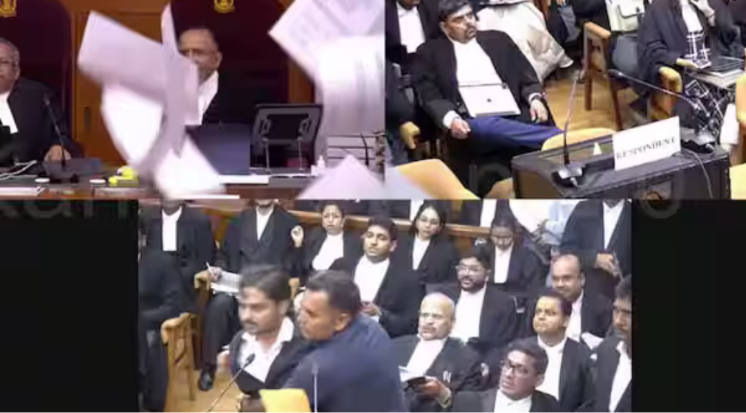 சுப்ரீம் கோர்ட்டில் நீதிமன்ற விசாரணையின்போது மனுதாரர் ஒருவர் சர்ச்சையான நடத்தை வெளிப்படுத்திய காட்சி.