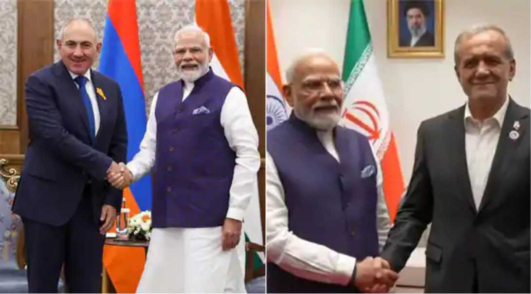 கிர்கிஸ்தானில் ஈரான் அதிபர் மசூத் பெஜெஸ்கியான் மற்றும் ஆர்மீனியா பிரதமர் நிகோல் பஷின்யானுடன் பிரதமர் மோடி சந்திப்பு