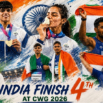 2026 கிளாஸ்கோ காமன்வெல்த் விளையாட்டுப் போட்டியில் பதக்கங்களுடன் கொண்டாடும் இந்திய வீரர், வீராங்கனைகள்.