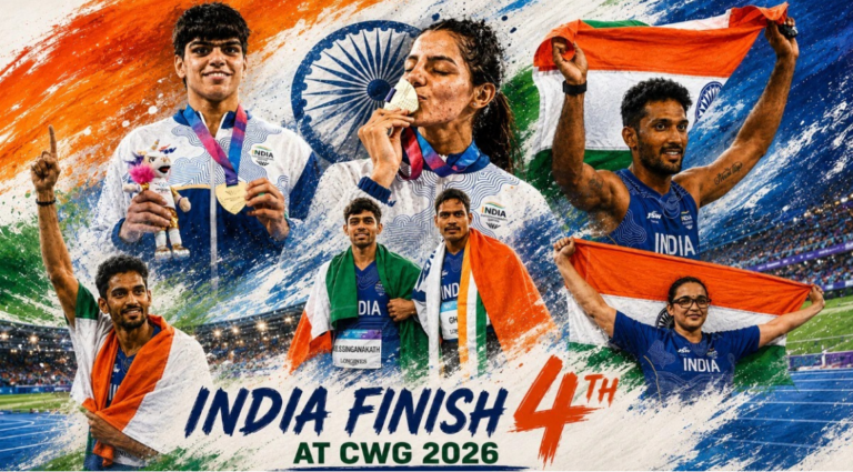2026 கிளாஸ்கோ காமன்வெல்த் விளையாட்டுப் போட்டியில் பதக்கங்களுடன் கொண்டாடும் இந்திய வீரர், வீராங்கனைகள்.