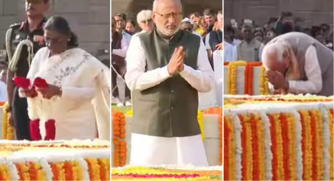 காந்தி ஜெயந்தியையொட்டி ராஜ்காட்டில் மகாத்மா காந்தி நினைவிடத்தில் மரியாதை செலுத்திய பிரதமர் மோடி மற்றும் தலைவர்கள்