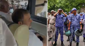 ஜந்தர் மந்தர் செல்ல முயன்ற ராகுல் காந்தியை போலீசார் தடுத்து வேனில் ஏற்றும் காட்சி