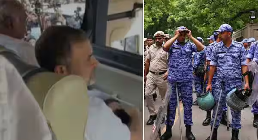 ஜந்தர் மந்தர் செல்ல முயன்ற ராகுல் காந்தியை போலீசார் தடுத்து வேனில் ஏற்றும் காட்சி