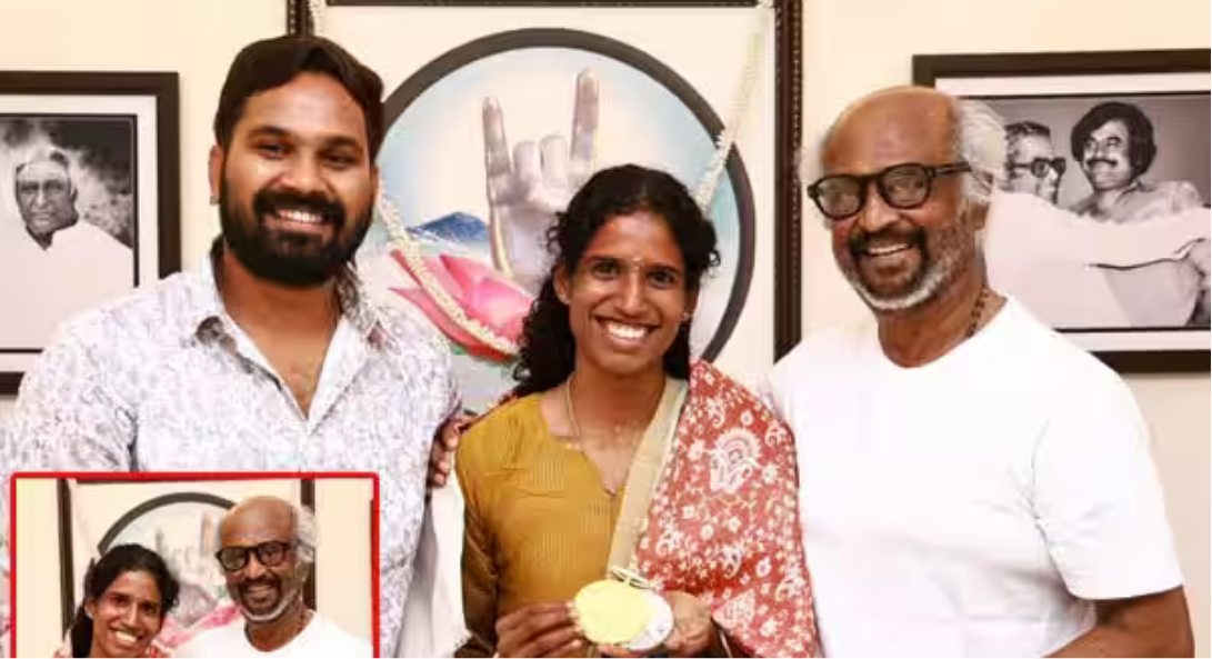 ஆசிய விளையாட்டு வீராங்கனை வித்யா ராம்ராஜை நேரில் சந்தித்து பாராட்டும் நடிகர் ரஜினிகாந்த்